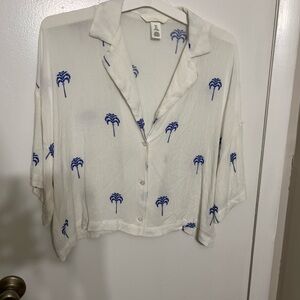 White and Blue Palm Tree Print Women's Top